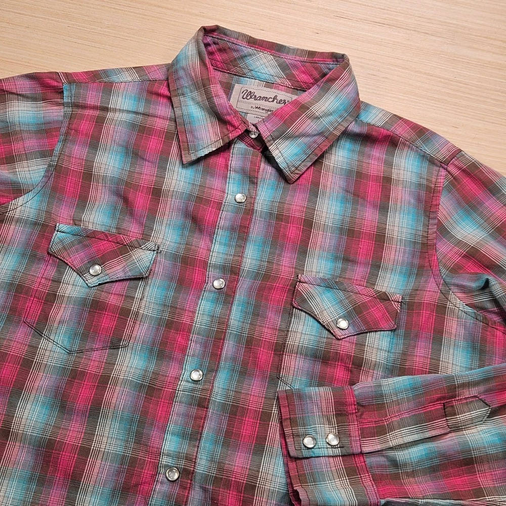 Wrancher by Wrangler Pearl Snap Western Shirt Women L Pink Plaid LWR8139 Top